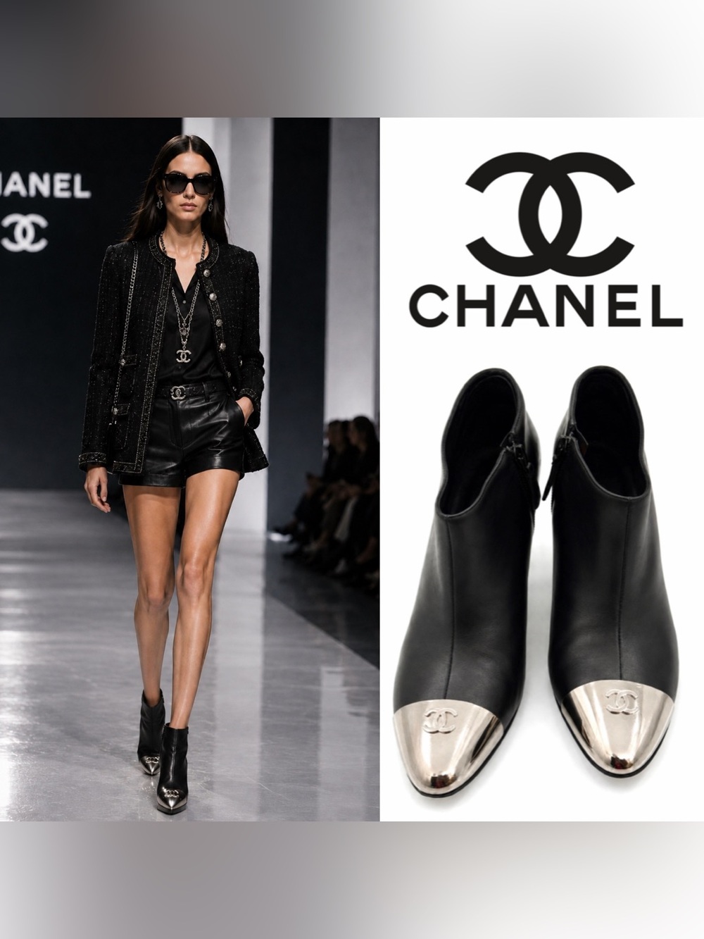 CHANEL Black Leather Ankle Boots with Silver Cap Toe Logo